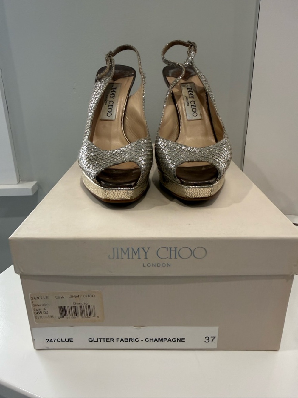 Jimmy Choo Champagne Glitter Clue Slingbacks, 37